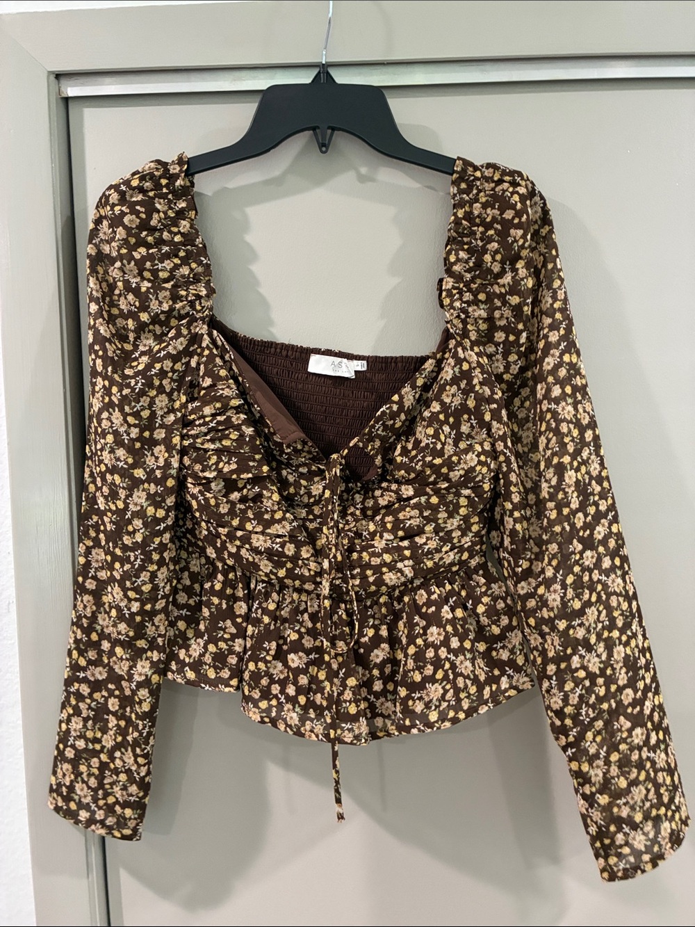 Astr Brown Floral Peasant Blouse with Tie Front
